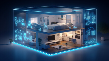 A smart home setup. A modern living space equipped with smart home devices like smart lights, tv and voice - controlled assistants. Smart home interior with augmented reality. AI generative.