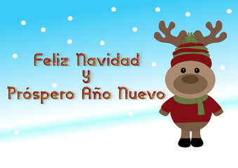 Fototapeta na wymiar Feliz Navida y próspero año nuevo , Santa's reindeer with striped wool hat with green sweater and red scarf, Christmas vector graphics, Christmas party decoration, red gradient background, drawing 