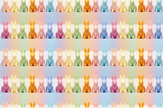 rainbow rabbits minimal glosy sculpture onpastel background. Seamless pattern.