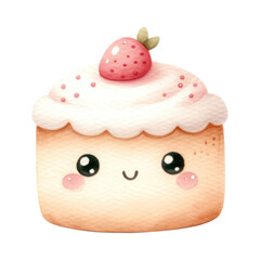 Watercolor Junk Food. Cute Strawberry Cake Clipart. Unhealthy Food Concept. Watercolor Junk Food Illustration.