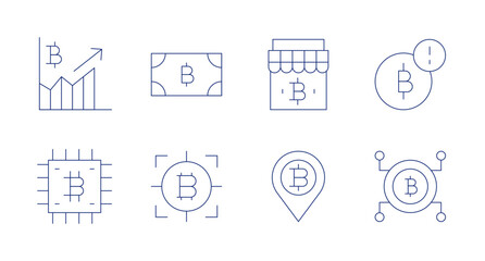Bitcoin icons. Editable stroke. Containing graph, chip, money, objective, store, placeholder, bitcoin.