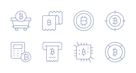 Bitcoin icons. Editable stroke. Containing load, calculator, check, ticket, bitcoin.