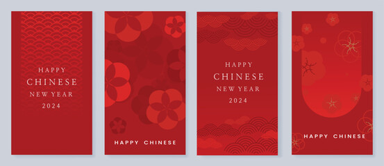 Chinese New Year 2024 card background vector. Year of the dragon design with cloud, wind, flower, pattern. Elegant oriental illustration for cover, banner, website, calendar.