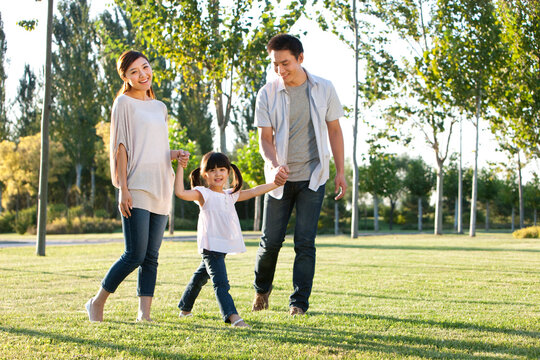 Young Chinese family in a park