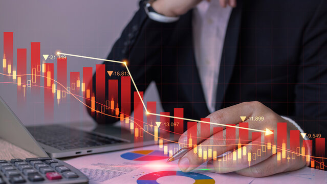 Crisis economic collapse chart falling down concept, businessman with red arrow falling financial graph floor to global money bankruptcy, recession, depression, inflation, Stock market capital crash.