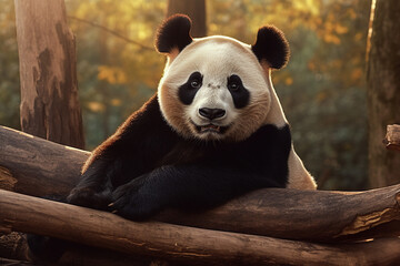 A cute panda bear sits playing on tree trunks