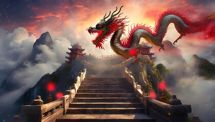 3D rendering of chinese style dragon in the temple with fog