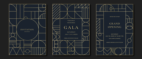 Fototapeta premium Luxury invitation card background vector. Elegant classic antique design, gold lines gradient on dark blue background. Premium design illustration for gala card, grand opening, art deco.