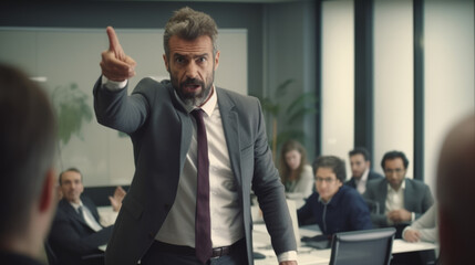 Man manager wearing a suit get angry in office meeting room pointing out to coworkers and setting up a bad unhealthy ambiance at work - obrazy, fototapety, plakaty