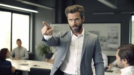 Fototapeta premium Man manager wearing a suit get angry in office meeting room pointing out to coworkers and setting up a bad unhealthy ambiance at work