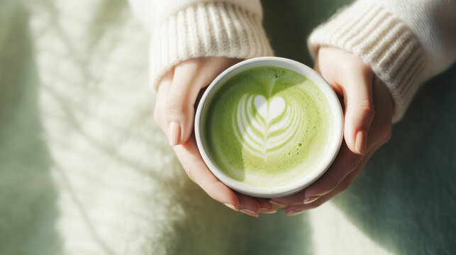 Woman hands holding a a Matcha latte green hot beverage
