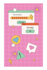 Social media stories templates in retrowave kidcore aesthetic. Illustration with retro computer windows and hippie daisy flowers. Vertical backgrounds in y2k, 00s, 90s style