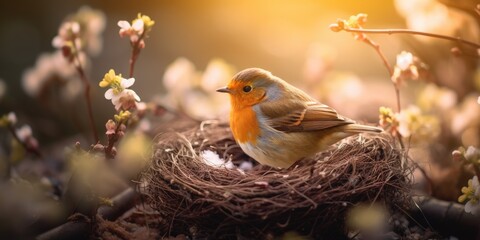 Bird perched in nest on a branch, surrounded by springtime flowers, capturing the beauty of nature.