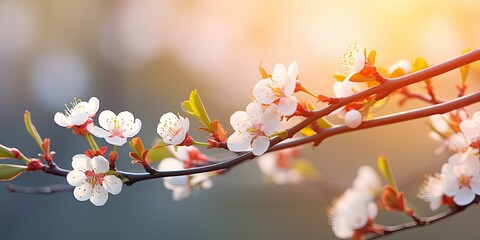 Spring's beauty captured in a closeup: blossoming cherry tree with fresh pink petals and vibrant foliage.