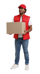 Happy courier with parcel on white background