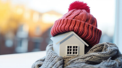 This close-up image features a charming house with a red hat adorning its roof. Perfect for conveying a cozy and whimsical vibe for various design projects.. house in winter - obrazy, fototapety, plakaty