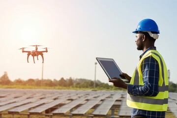 African specialist technician professional engineercontrol drone checking top view of installing solar panel farm on the factory under sunlight. Engineers holding tablet check solar, Generative AI - obrazy, fototapety, plakaty
