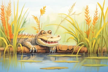 alligator resting on riverbank among reeds - obrazy, fototapety, plakaty