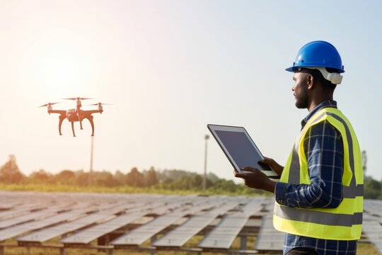 African specialist technician professional engineercontrol drone checking top view of installing solar panel farm on the factory under sunlight. Engineers holding tablet check solar, Generative AI