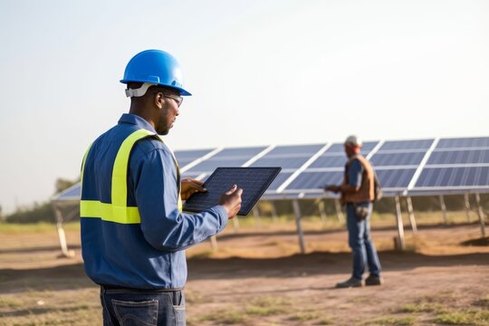African specialist technician professional engineercontrol drone checking top view of installing solar panel farm on the factory under sunlight. Engineers holding tablet check solar, Generative AI