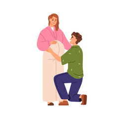 Pregnant wife and husband. Family couple, future parents expecting baby. Happy mother with pregnancy belly, father waiting for first child. Flat vector illustration isolated on white background