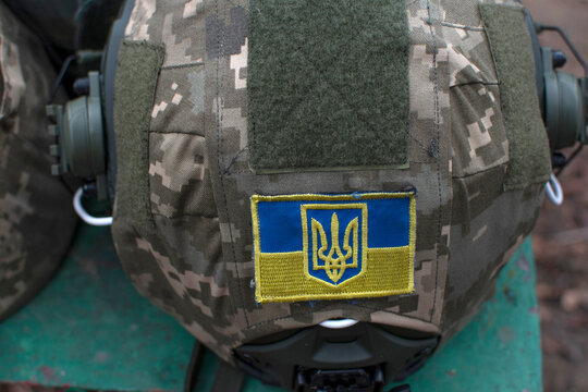 view of a helmet of a ukrainian soldier
