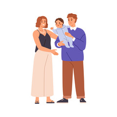 Mom, dad and baby. Happy parents holding infant. Only-child family. Mother, father and cute kid in hands. Smiling wife and husband couple. Flat vector illustration isolated on white background