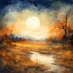 Watercolor night beautiful landscape background