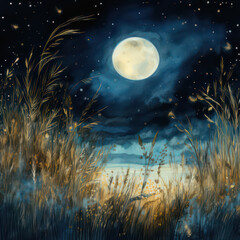 Watercolor night beautiful landscape background