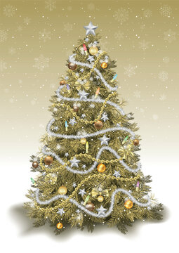 Golden Christmas Tree with Silver Christmas Ornaments with Background with Falling Snow - Detailed Illustration for Your Merry Christmas Greeting, Vector