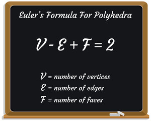 Fototapeta na wymiar Euler’s Formula for Polyhedra on a black chalkboard. Education. Science. Formula. Vector illustration..