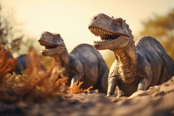 Two dinosaurs peacefully sunbathing in a prehistoric landscape under a warm sunlight. - obrazy, fototapety, plakaty