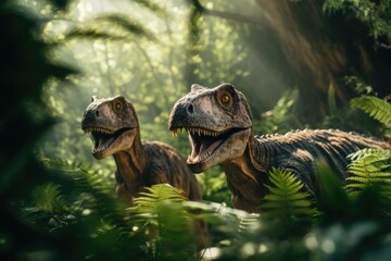 A scene from the primeval world, with a T-Rex, a fearsome and extinct carnivorous dinosaur from the...