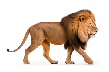 Majestic lion, powerful in its wilderness, with a white isolated background showcasing its regal profile.