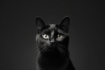 Striking black cat with yellow eyes, closeup portrait in a dark setting.