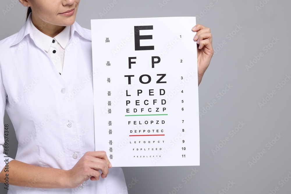 Canvas Prints ophthalmologist with vision test chart on gray background, closeup