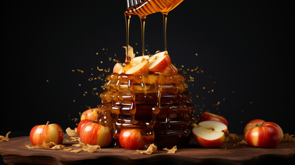 Honey and apples are being drizzled