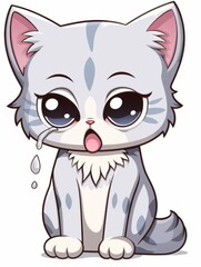 Sad Kitten sticker in cartoon style isolated, AI