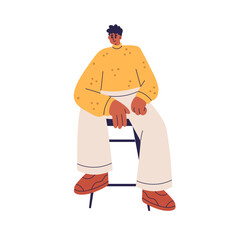 Young black man sitting on stool. African-American male model posing in seated position. Smiling modern guy on chair in posture for shooting. Flat vector illustration isolated on white background