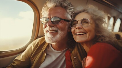 Wealthy senior couple is traveling by plane