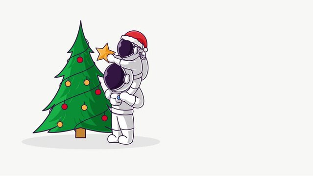 Little Cute Astronaut Kids Put Star On Christmas Tree, animated Illustration Footage With Copy Space Area. Can be use as a background for your content. 4K Video Landscape Orientation