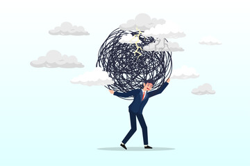 Tried exhausted businessman carrying heavy messy line on his back, stress burden, anxiety from work difficulty or overload, problem in economic crisis or pressure from too much responsibility (Vector) - obrazy, fototapety, plakaty