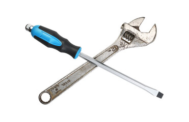 Old steel adjustable wrench with screwdriver isolated on white background.