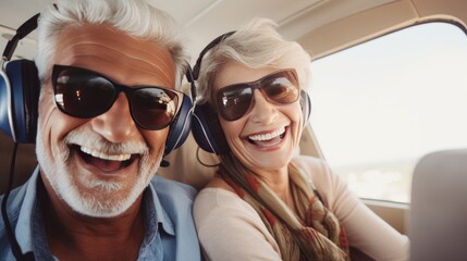 Wealthy senior couple is traveling by plane