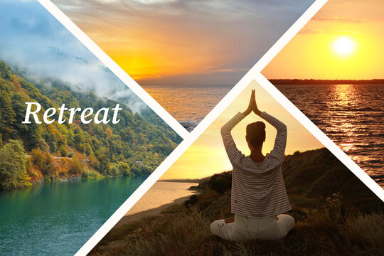 Wellness retreat. Collage with photos of beautiful landscapes and meditating woman