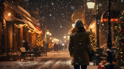 Obraz premium Portrait of a woman standing in winter, Christmas themed shopping town, Snowing at night, bokeh lights, festive, joyful, banner wallpaper HD, Smiling, long hair