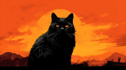Black cat on orange background minimal cartoon Halloween spooky wallpaper landscape