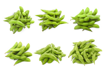 Raw green edamame pods with beans isolated on white, top view