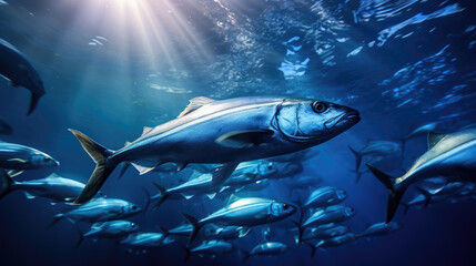 A large group of Sardines fish swimming in the ocean. Suitable for underwater or marine-themed designs, educational materials, wildlife conservation awareness, and nature documentaries.Underwater fish