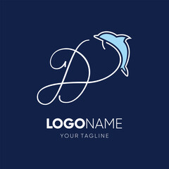 Lettering script D with Dolphin Silhouette Logo Design Vector Icon Graphic Emblem Illustration